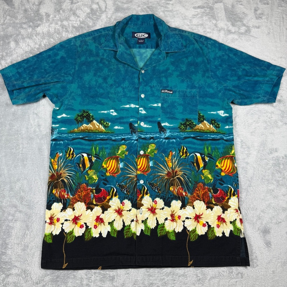 Vintage GJC Hawaiian Vacation Shirt Men L Blue Ocean All Over Beach St. Thomas